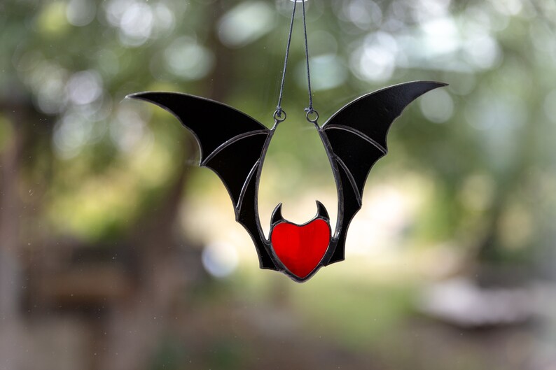 Valentine stained glass heart suncatcher goth home decor Stained glass bat honeymoon gifts Halloween decor image 7