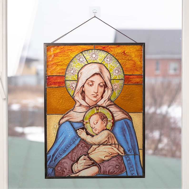 Virgin Mary stained glass panel Handmade gift Orthodox icon Tiffany stained glass hand painted bible image 1