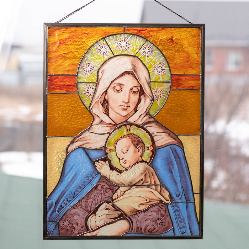 Virgin Mary stained glass panel Handmade gift Orthodox icon Tiffany stained glass hand painted bible image 3