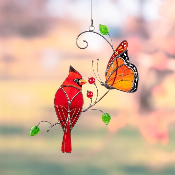 Butterfly artwork Custom stained glass cardinal memorial ornament Godmother gift Stained glass window hangings Monarch butterfly