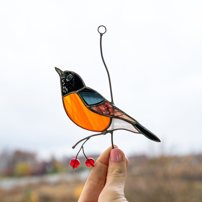 American robin stained glass bird light catcher