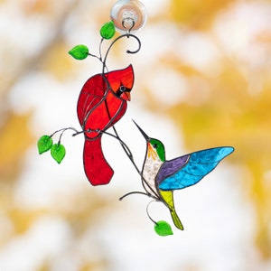 red male cardinal and hummingbird decor for window made of stained glass