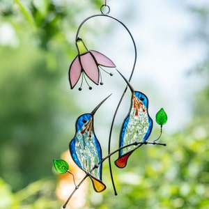 Hummingbird stained glass bird suncatcher Mothers Day gifts Custom stained glass window hangings Hummingbird gifts Fathers Day gifts 2 blue hums