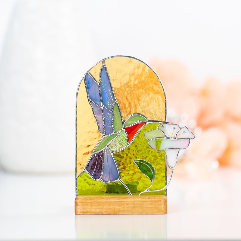 flying hummingbird stained glass standing panel