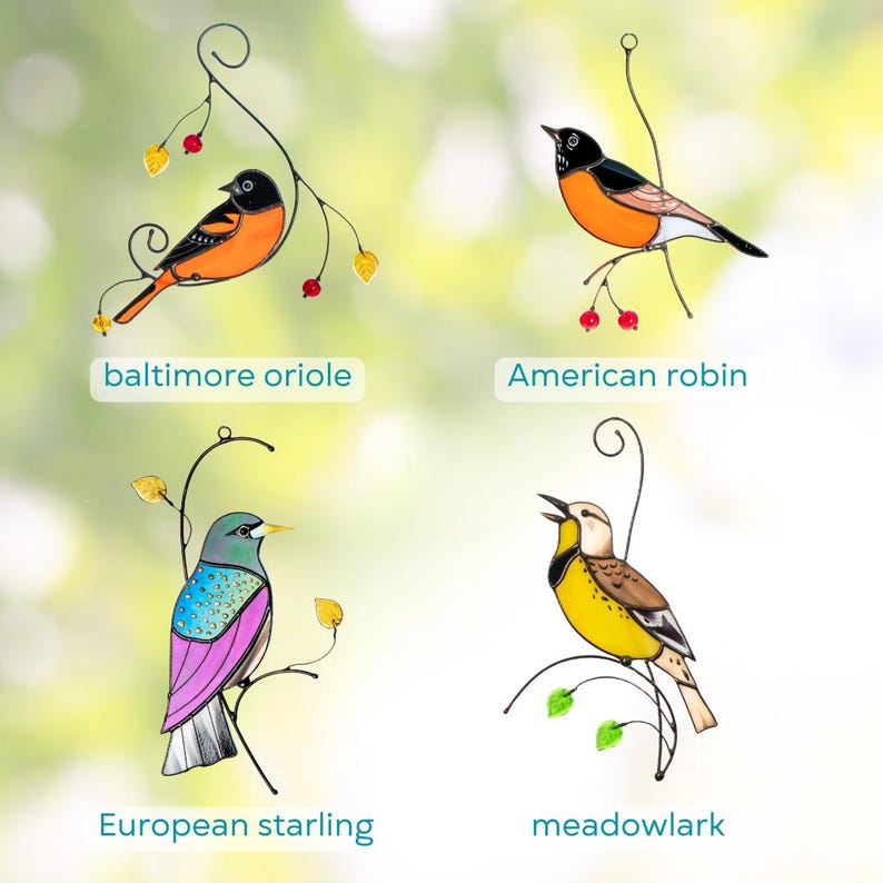 Set of stained glass bird sun catchers featuring a Baltimore oriole, American robin, European starling, and meadowlark, displayed on decorative wire branches against a soft green background.