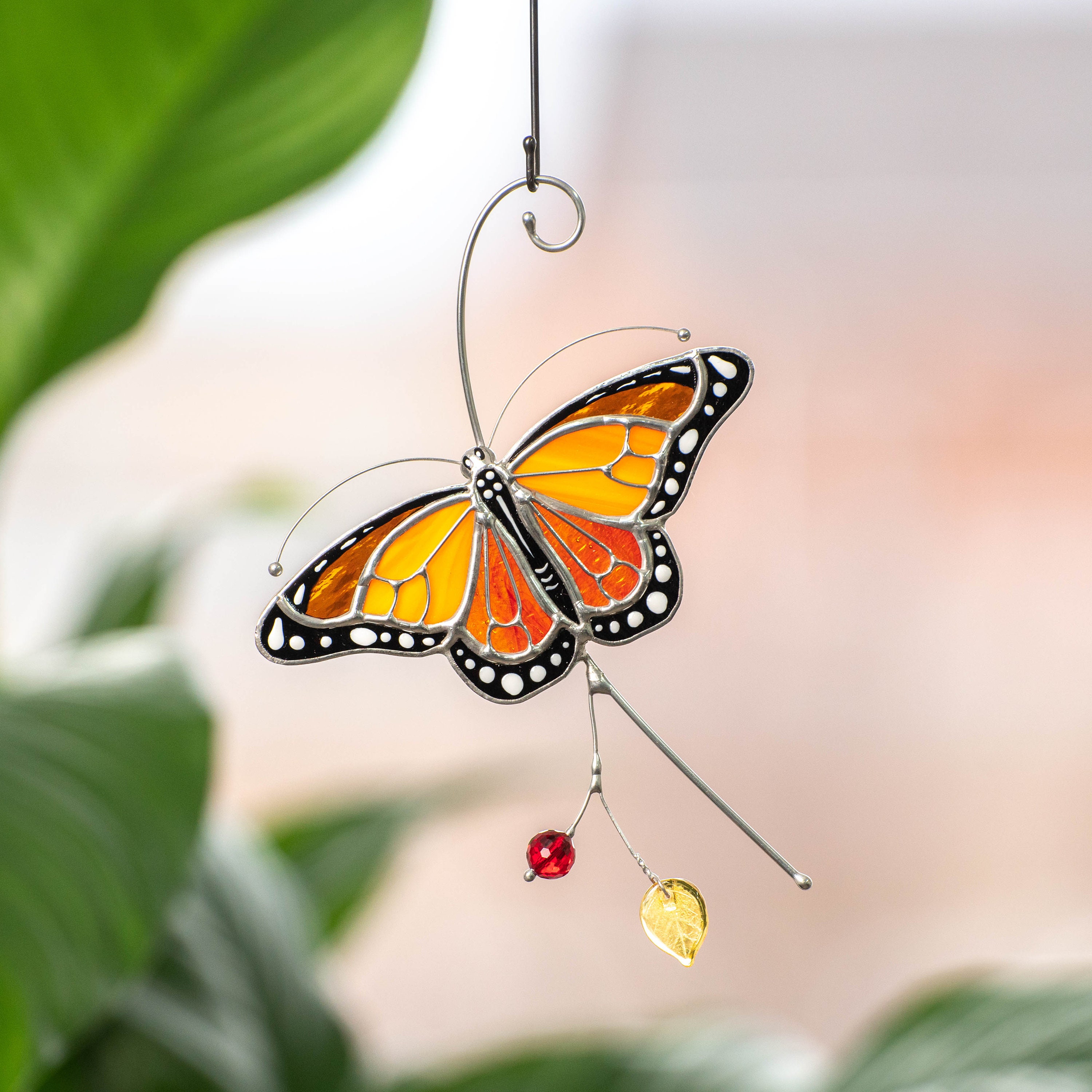 20x14 MONARCH BUTTERFLY Floral Stained Art Glass Suncatcher 