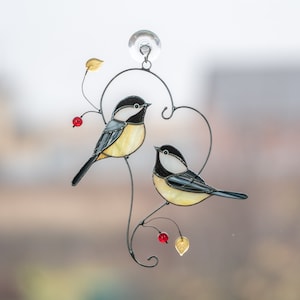 stained glass couple of chickadees window decor