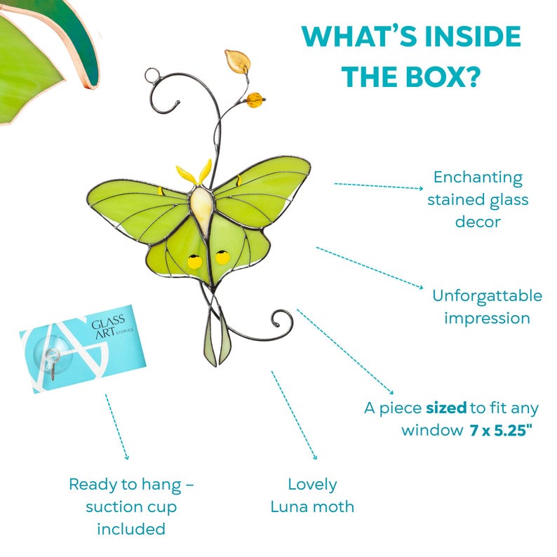 A product specification graphic for the Luna Moth suncatcher. It lists the size as 7 x 5.25 inches and notes that it is ready to hang with a suction cup included. The text describes it as "Enchanting stained glass decor" and a "Lovely Luna moth" that leaves an "Unforgettable impression."