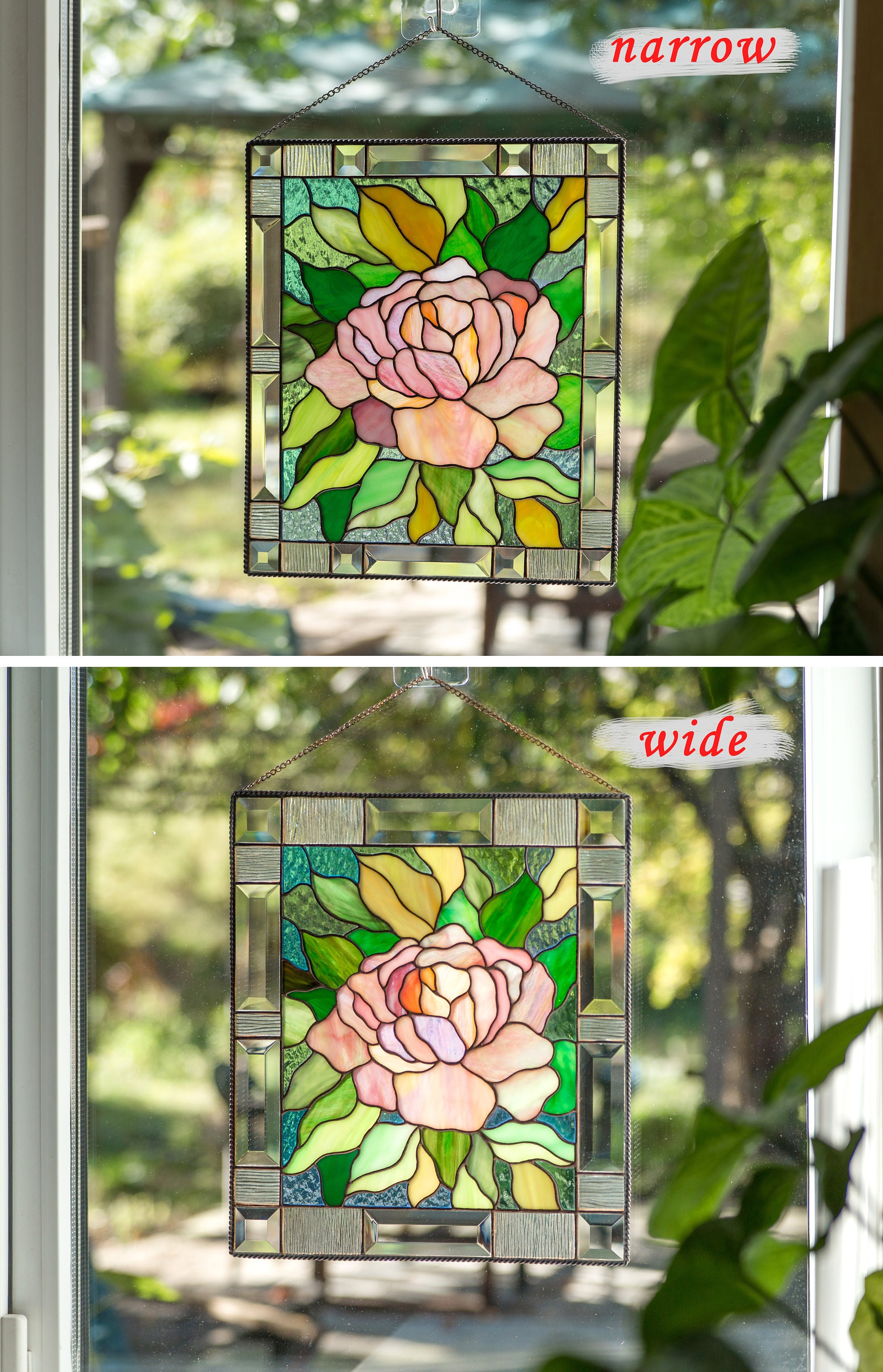 牡丹のステンドグラスの窓飾り 手作りのクリスマスプレゼント カスタム