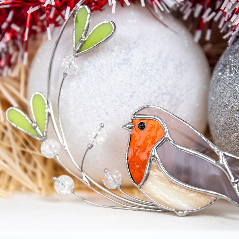 Robin stained glass window hangings Christmas gift Mistletoe Etsy