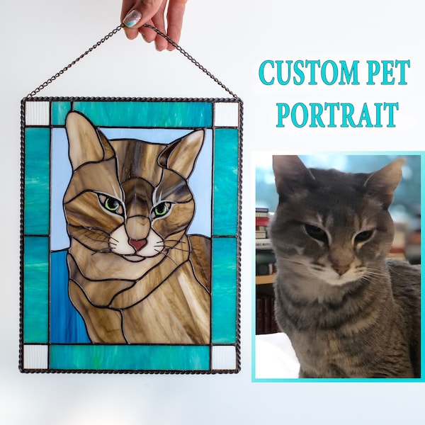 Pet memorial stained glass window panel Custom stained glass Dog portrait Cat lover gift stained glass decor