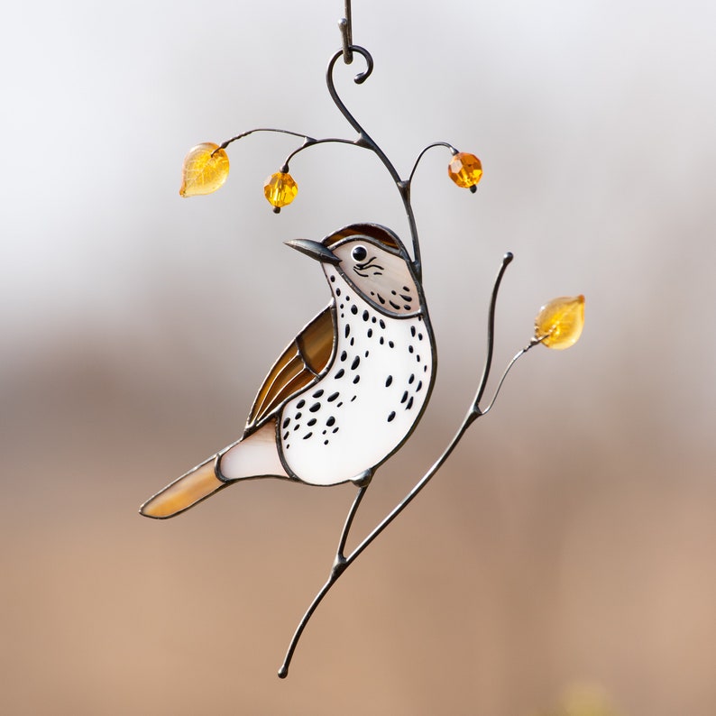 Wood Thrush stained glass suncatcher
