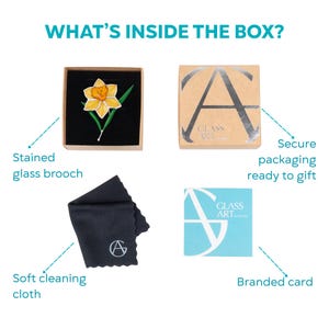 Stained glass daffodil brooch in gift box packaging, handmade narcissus flower pin with cleaning cloth and branded card, ready to gift jewelry.
