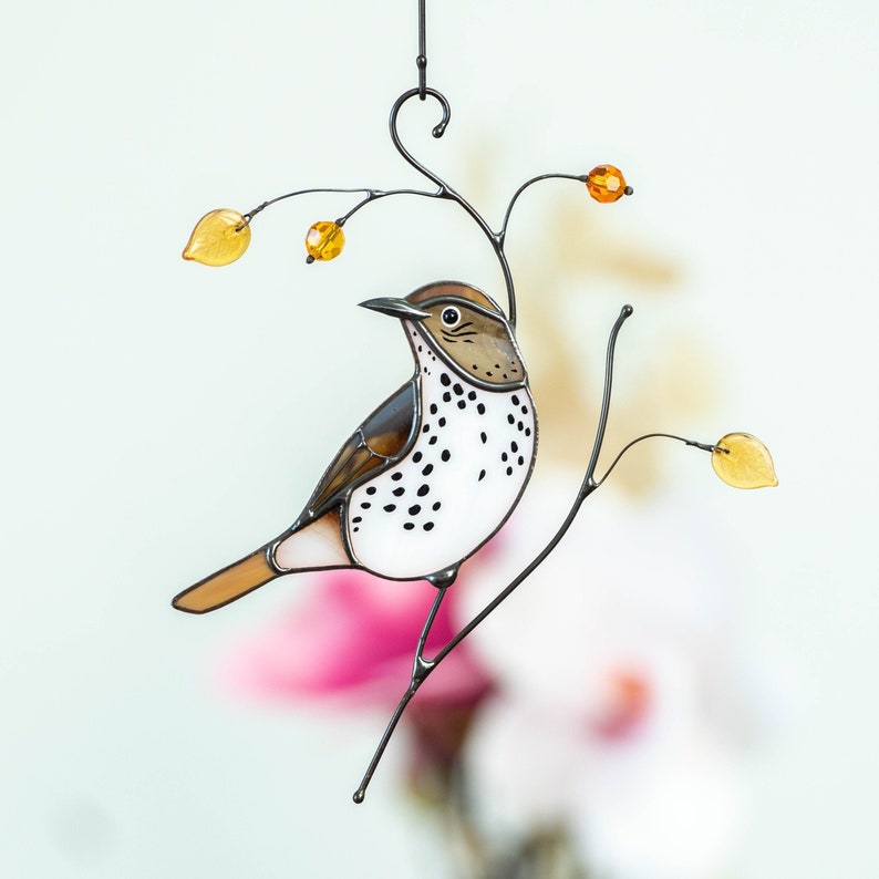 bird artwork of the wood thrush stained glass