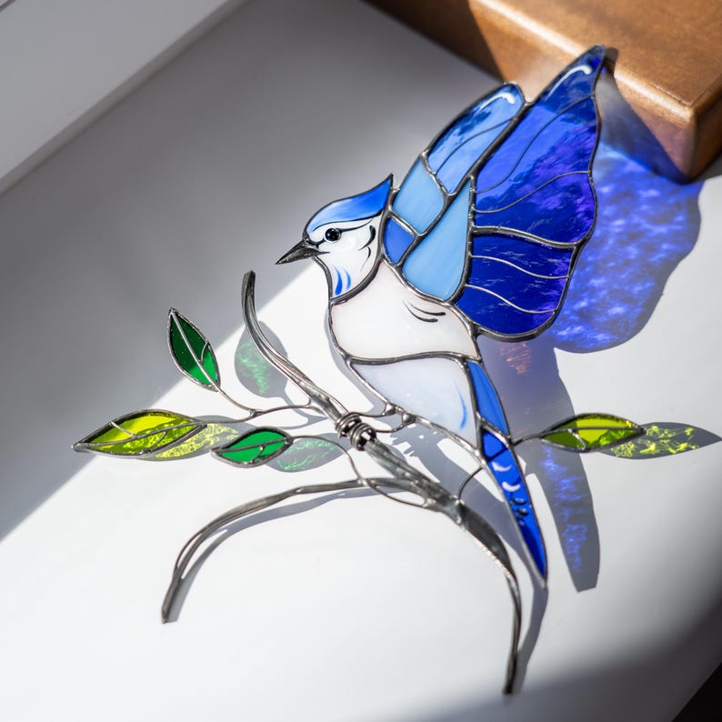 blue jay stained glass decoration