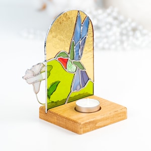 candle holder made of wood base and decorated with hummingbird stained glass panel