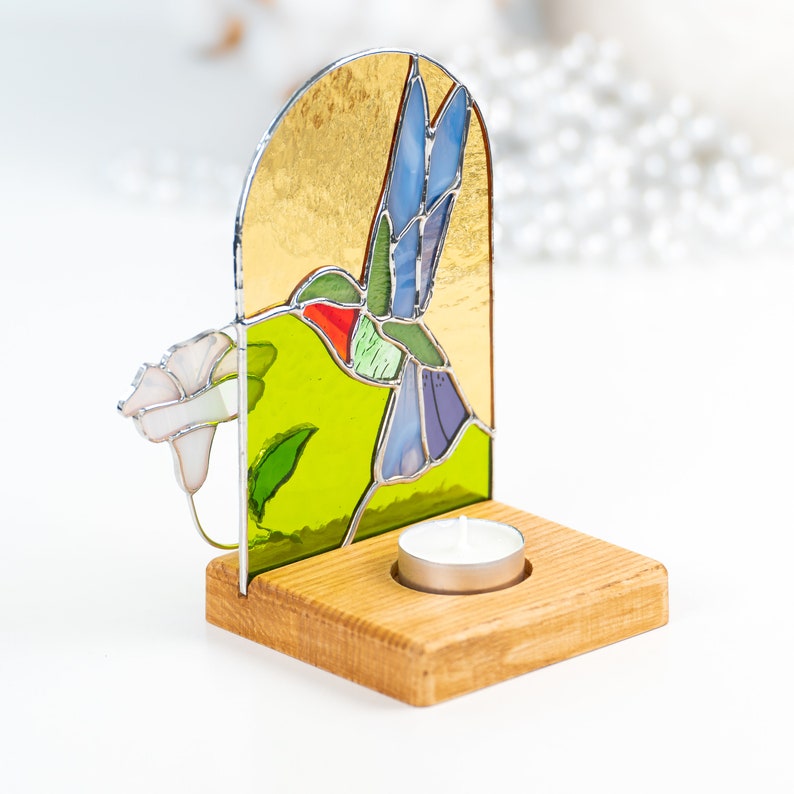 candle holder made of wood base and decorated with hummingbird stained glass panel