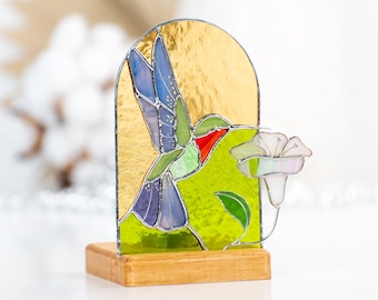 Kolibrie gebrandschilderd glas kandelaar Grote zus cadeau Gebrandschilderd glas vogel suncatcher Aangepaste glas-in-lood paneel kolibrie geschenken