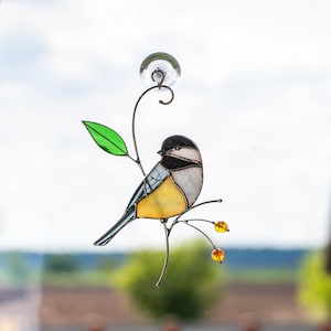 chickadee sitting on the branch stained glass decor for window
