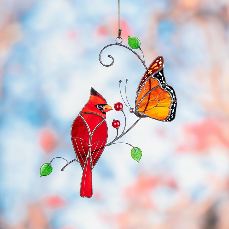 red male cardinal and butterfly decor for window