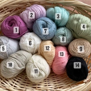 Puede incluir: Una cesta de mimbre llena de 14 ovillos de lana de varios colores, incluyendo azul claro, rosa, blanco, beige y verde. Cada ovillo est&aacute; numerado del 1 al 14.