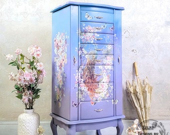 Armoire à bijoux paon en fleurs, boîte à bijoux sur pied, organisateur de bijoux, suspension pour collier, bagues, boucles d'oreilles, peint à la main, fait main