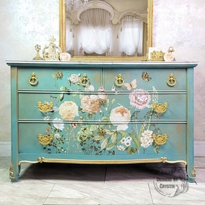 Vintage Botanical Floral Dresser, Chest of Drawers, Bureau, Wood Upcycled Table, Antique Bedroom Furniture, Dresser Drawers