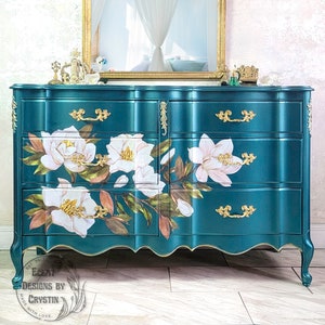 Custom Magnolia Teal French Provincial Dresser, Chest of Drawers, Antique Furniture, Bedroom Drawers, Wide Dresser, Handmade, Hand painted