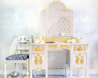 1920s Antique Bedroom Vanity Table with Mirror Chair, Hand painted Vintage Furniture, Bedroom Set, Wood Makeup Dressing Table, Handmade