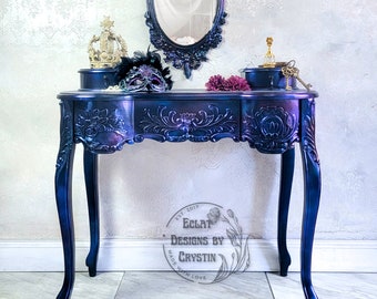 SOLD Carnival Glass Vanity Table with Mirror Foyer Table - Painted Boho Furniture - Custom Furniture - Handmade Table - Goth-Game of Thrones
