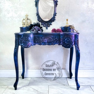 SOLD Carnival Glass Vanity Table with Mirror Foyer Table - Painted Boho Furniture - Custom Furniture - Handmade Table - Goth-Game of Thrones