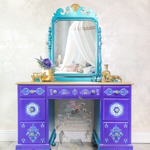 Antique Vintage Wood  Bohemian Bedroom Vanity Makeup Table Mirror Dressing Table Painted Furniture, Hand painted, Handmade, Upcycled