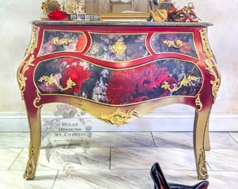 Hand-Painted Red Bombe Dresser – Antique Italian Commode, Green Marble Top