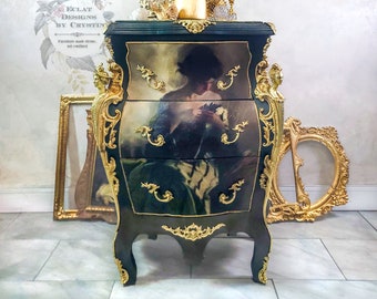 Emerald Green Louis XV Bombe Commode, Painted Aristocratic Woman, Marble Top Drawer Chest