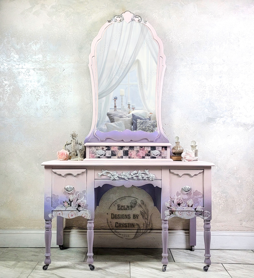 purple dressing table Pink Romance Vanity Table, Makeup Mirror, Bedroom Furniture, Handpainted,  Antique Dressing Table, Handmade Furniture