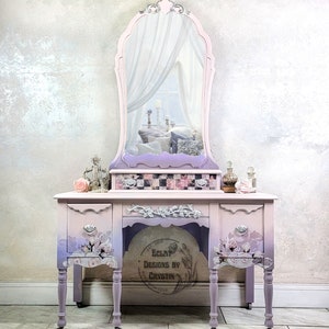Pink Romance Vanity Table, Makeup Mirror, Bedroom Furniture, Handpainted, Antique Dressing Table, Handmade Furniture