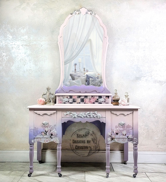 Pink Romance Vanity Table, Makeup Mirror, Bedroom Furniture, Handpainted, Antique Dressing Table, Handmade Furniture