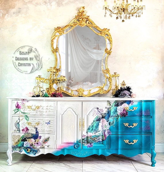 SOLD Custom, Bespoke Glamorous Peacock Dresser, Wide, Bohemian, Exotic, Colorful Bedroom Furniture