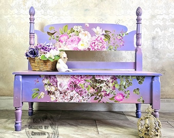 Banc en bois violet fleur avec rangement chaussures, vestiaire, sièges de couloir, organisateur d'entrée peint à la main, meubles peints