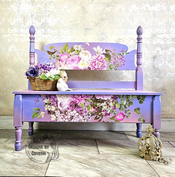 Purple Blossom Wood Bench Seat with Storage Shoe Storage, Mudroom, Hallway Seating, Entryway Organizer Handpainted, Painted Furniture
