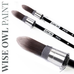 May include: Three paint brushes with black handles and gray bristles are displayed against a white background. The brushes have silver ferrules and are labeled "CLING ON!" and "PS10" or "PS14". The text "WISE OWL PAINT" is printed vertically on the left.
