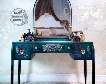 SOLD Peacock Vanity | Makeup Desk | Bedroom Furniture | Top Mirror | Bedroom Vanity | Hand painted | Handmade | Gift for her