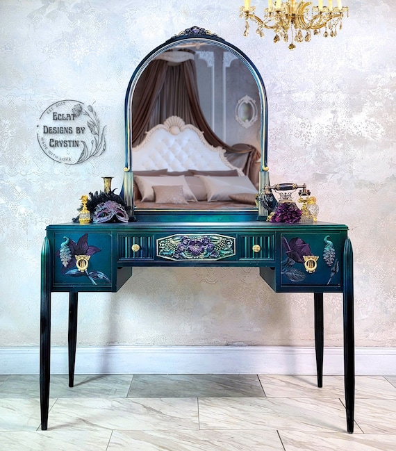 SOLD Peacock Vanity | Makeup Desk | Bedroom Furniture | Top Mirror | Bedroom Vanity | Hand painted | Handmade | Gift for her