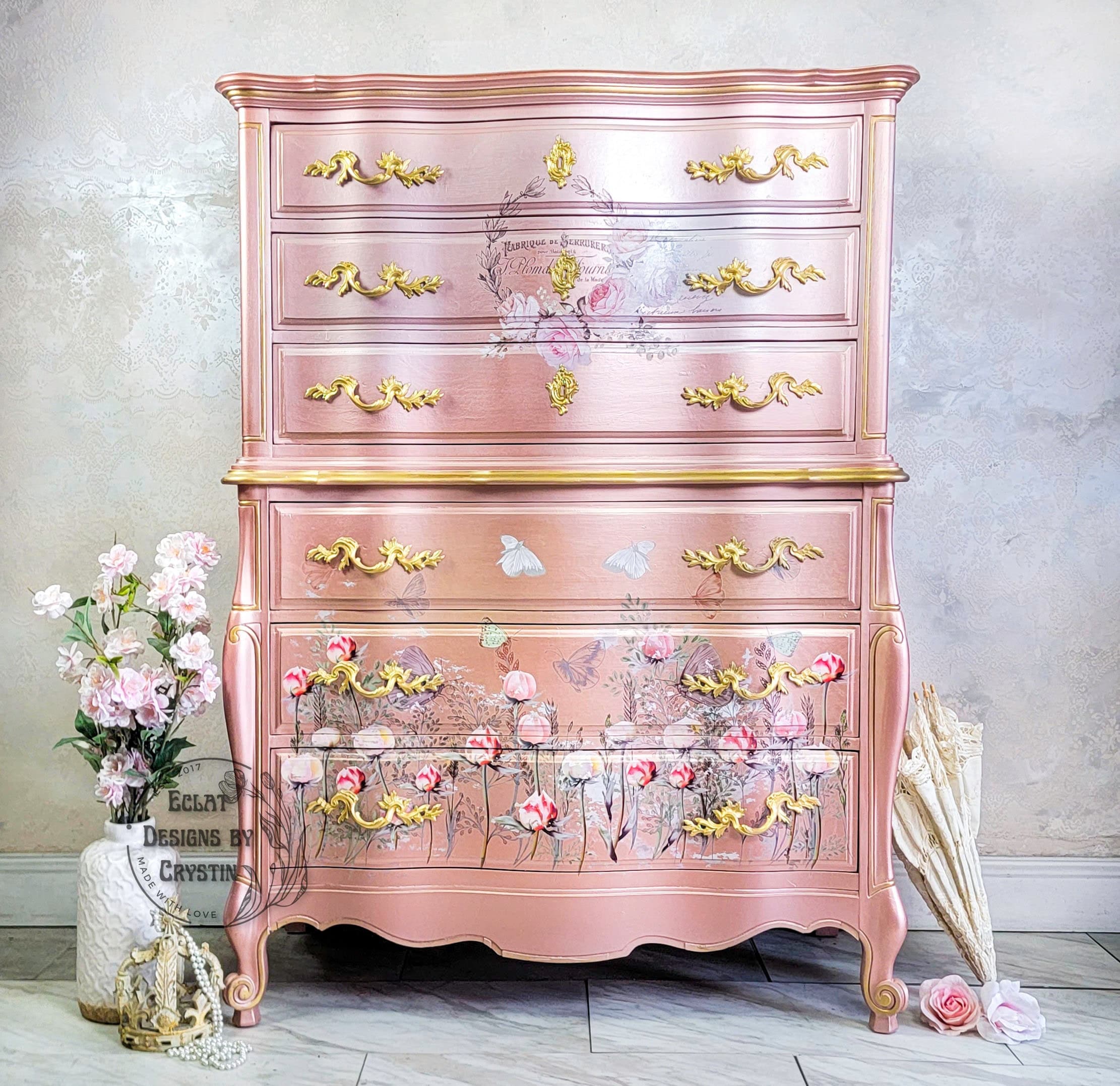 Tulip Garden Bureau, Chest of Drawers, Vintage Wood Dresser, Hand