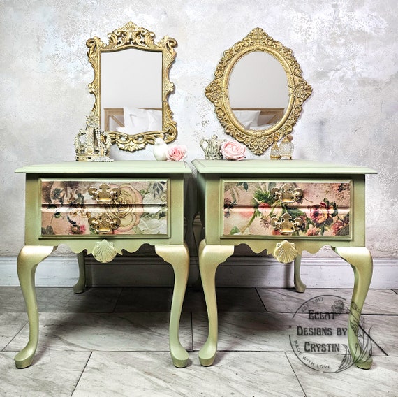 Green End Tables, Bedroom Furniture, Pair of Nightstands Set of 2, Antique, Hand painted, Handmade Furniture
