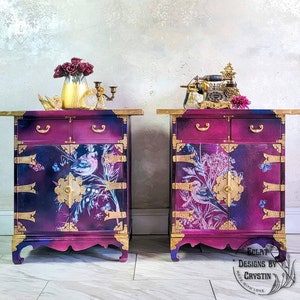 Oriental Bedside Tables, Side Tables, Japanese Pair of Nightstands, End Tables Set of 2, Antique Handmade Hand paint Furniture