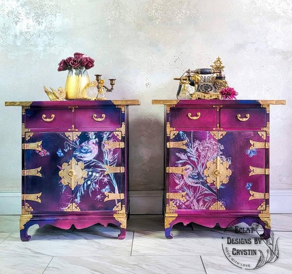 Oriental Bedside Tables, Side Tables, Japanese Pair of Nightstands, End Tables Set of 2, Antique Handmade Hand paint Furniture