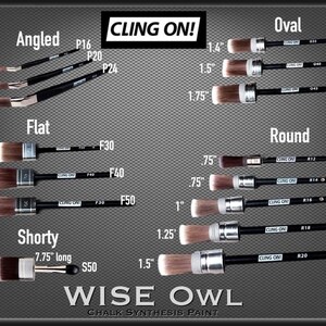 May include: Assortment of paint brushes with black handles and various brush head shapes, including angled, flat, oval, round, and shorty styles. Sizes range from .6" to 2.5" wide. The brand name "CLING ON!" is visible, along with "WISE OWL CHALK SYNTHESIS PAINT."