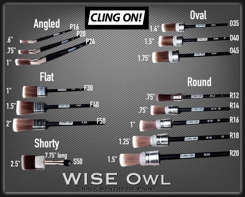 May include: Assortment of paint brushes with black handles and various brush head shapes, including angled, flat, oval, round, and shorty styles. Sizes range from .6" to 2.5" wide. The brand name "CLING ON!" is visible, along with "WISE OWL CHALK SYNTHESIS PAINT."