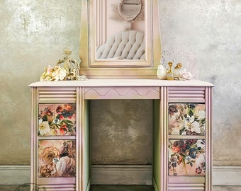 Romance in Bloom Vanity Table with Mirror, Makeup Desk Vanity, Dressing Table, Hand painted Bedroom Furniture, Upcycled, Hand made